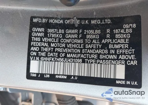 2018 Honda Civic Ex from USA, damaged, VIN SHHFK7H56JU431098